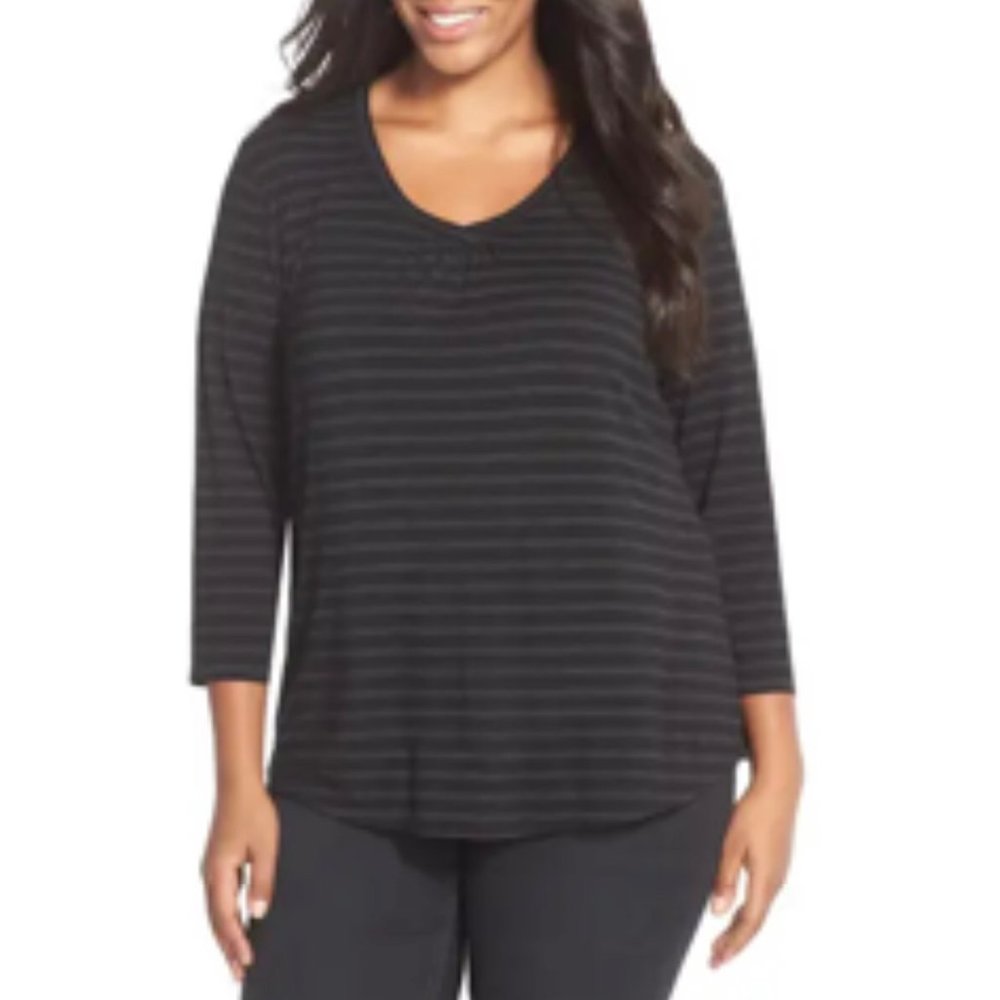 Sejour 3X Stripe Tee 3/4 Sleeve V-neck